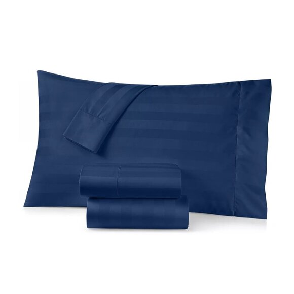 new NAVY PEONY STRIPE Charter Club Damask 550 TC 100% Cotton QUEEN Sheet Set - Picture 10 of 10